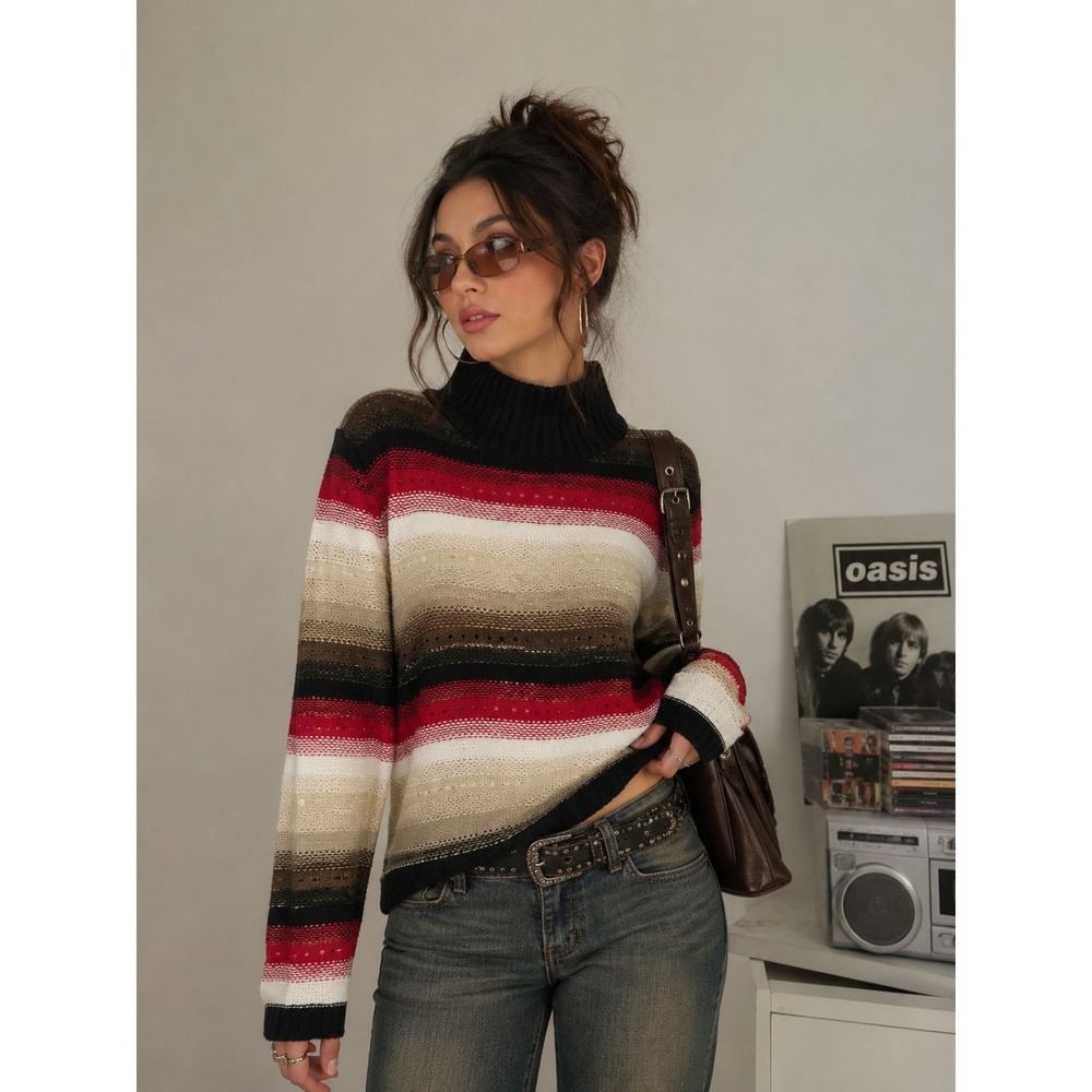 Pappagallo Y2K Preppy Grandmacore Black Brown Red White Stripe Sweater Sz S NEW